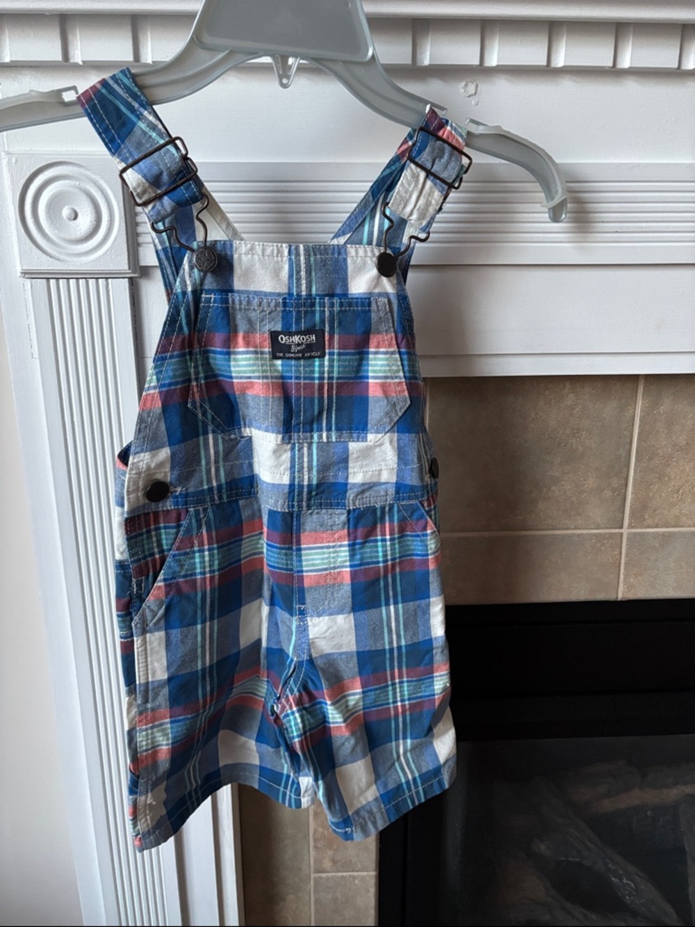 Oshkosh B'gosh Boy's Size 2T Blue White Peach Plaid Shortalls